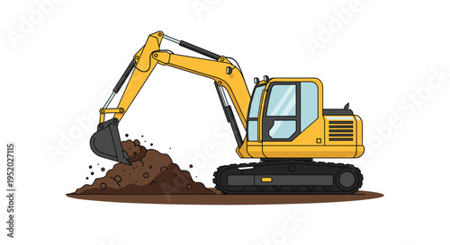 A yellow excavator with a dark grey bucket scoops a large pile of dark brown soil on a brown ground line.