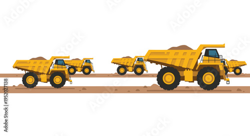 A line of five large yellow mining dump trucks carrying brown earth moves along a dirt road.