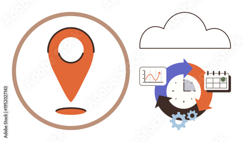 Navigation, data management, cloud technology, business operations, project planning, digital tools. Map pin, cloud icon analytics cycle with gears charts and calendar. Navigation and data