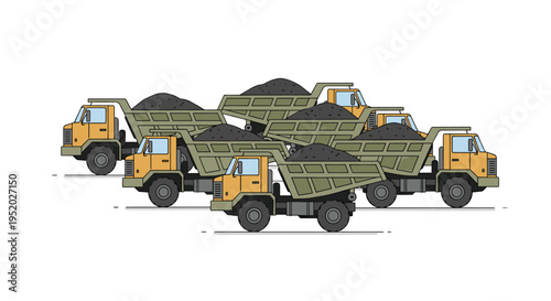 Five olive-green dump trucks, each filled with dark grey coal, are arranged in a staggered formation.