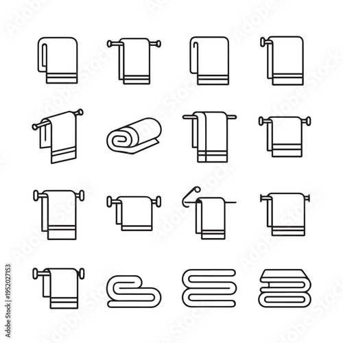 Collection of Towel Icons and Line Art Illustrations on White Background