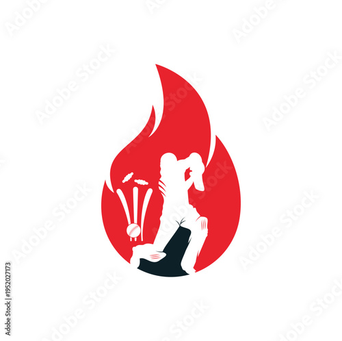 Fire cricket player vector logo design.