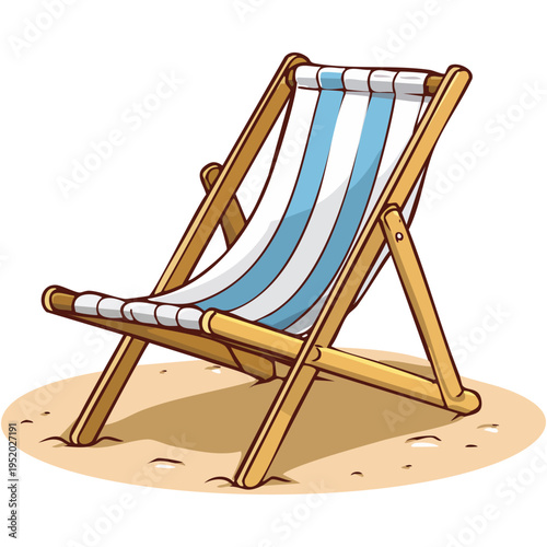 A cheerful striped beach chair invites a tranquil escape on sun-kissed sand, perfect for a relaxing summer holiday by the water