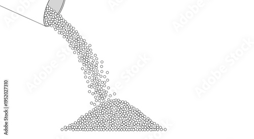 An overturned gray container pours numerous small white circular pellets onto a flat white surface, forming a conical pile.