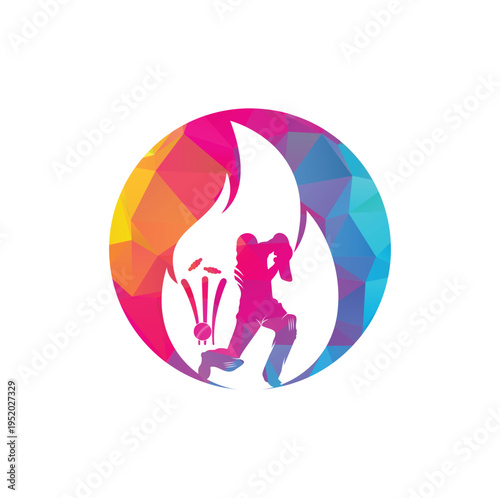 Fire cricket player vector logo design.