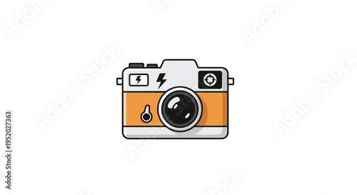 A vintage orange and silver camera with a black lens and a lightning bolt icon is centered on a white background.