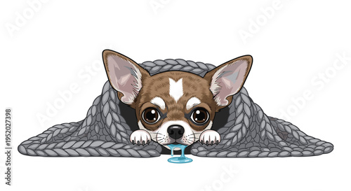 A brown and white Chihuahua puppy peeks out from under a gray knitted blanket with drool on a white background.