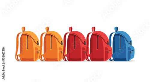 Five colorful backpacks stand upright in a straight line on a white surface with subtle shadows.