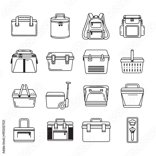 Collection of Various Cooler Bags and Backpacks Outdoor Gear Icon Set Vector Illustration