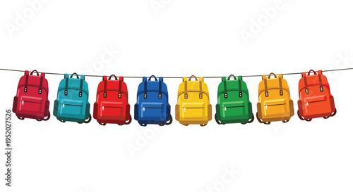 Eight colorful backpacks are neatly hung in a horizontal line on a string against a clean white background.