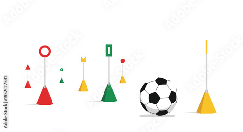 A black and white soccer ball rests on a white background surrounded by various colorful training cones and markers.