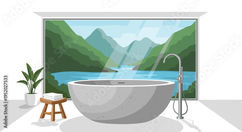 A modern grey stone bathtub is positioned in a minimalist bathroom with a large window overlooking a pixelated lake and green mountains.