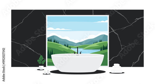 A white freestanding bathtub sits in a modern bathroom with a dark marble wall, overlooking green hills and a blue lake through a large window.