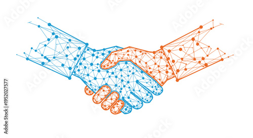 A handshake between two hands is depicted with interconnected blue and orange dots and lines in a futuristic low-poly style against a white background.