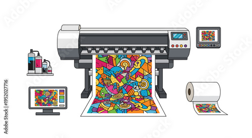 A large format printer produces a colorful abstract pattern, surrounded by ink, a monitor, and a paper roll.