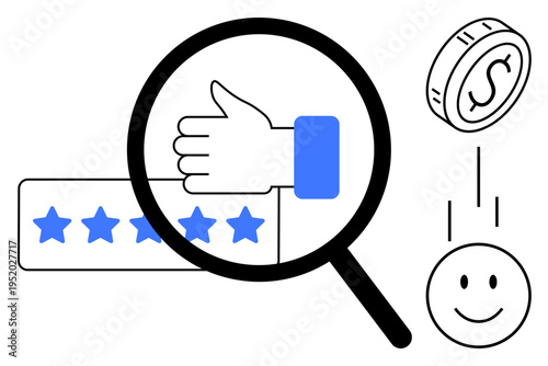 Customer feedback highlighted through thumbs up, rating stars, and happy face. Customer feedback plays a critical role in decision-making and brand loyalty. For marketing, services, e-commerce