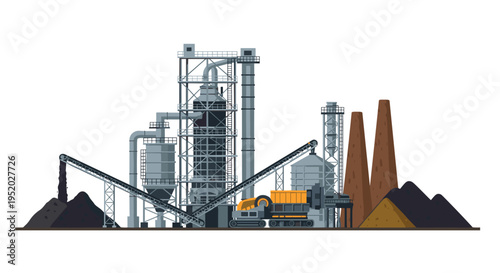 An industrial mining plant with grey structures, conveyor belts, an excavator, and smokestacks operates on a white background.