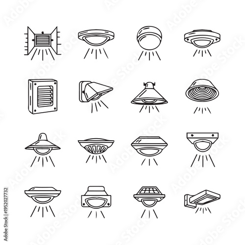 Collection of Various Outdoor and Indoor Light Fixture Icons Line Art