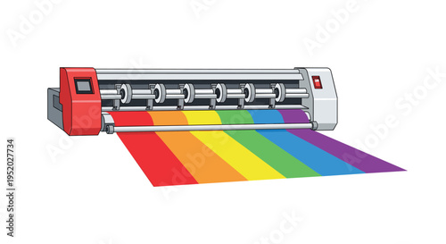 A large format printer with a red and grey body is actively printing a rainbow-colored sheet of paper.