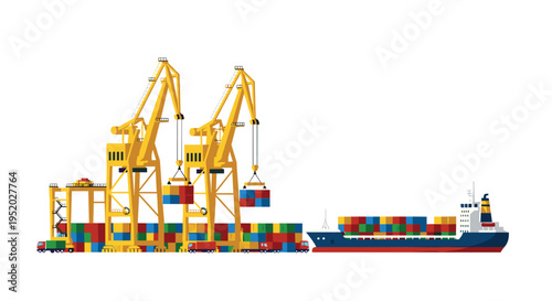 Two massive yellow port cranes are actively loading colorful shipping containers onto a cargo ship and several trucks.