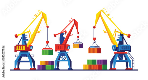 Three vibrant port cranes, two yellow and one red, are actively loading and unloading colorful shipping containers in a port setting.