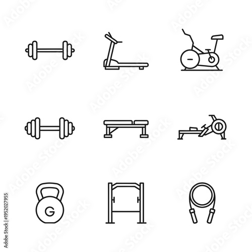 Set of Simple Line Icons Representing Various Gym Equipment and Fitness Gear for Health and Workout Routines
