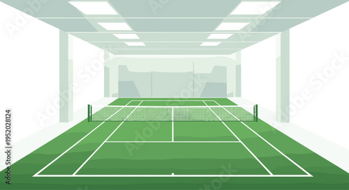 An indoor tennis court with a green playing surface and white boundary lines is viewed from a low angle.