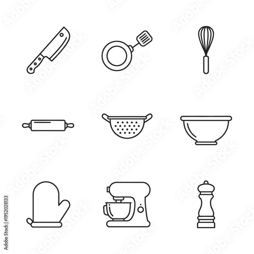 A comprehensive collection of line art icons representing various kitchen utensils and essential cooking tools for culinary activities