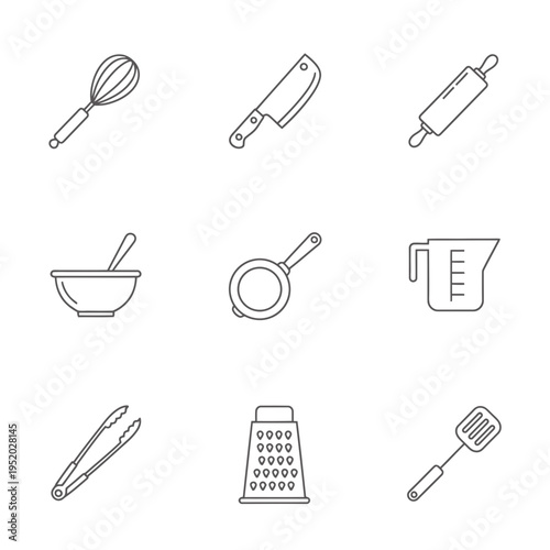A meticulously curated collection of essential kitchen utensil line art icons, showcasing culinary tools for every cooking need