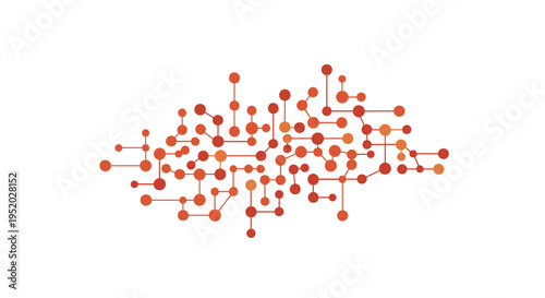 An abstract network of interconnected red and orange circular nodes forms an organic shape against a plain white background.