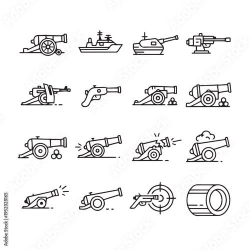 Collection of Vintage and Modern Weapon Icons: Cannons Ships and Firearms
