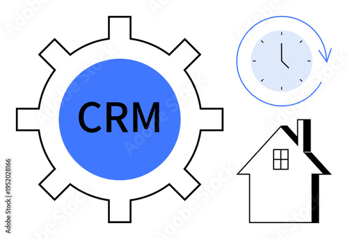 Customer relationship management, time management, business productivity, real estate, process optimization, efficiency. A gear labeled CRM, a clock and a house icon. CRM tools and time management