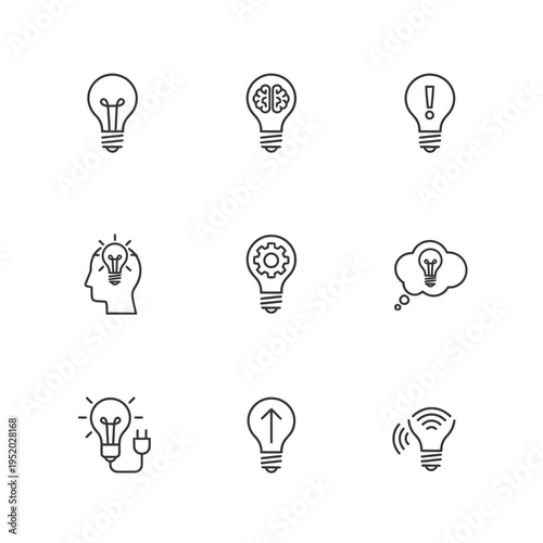 A Curated Set of Minimalist Line Art Icons Representing Ingenuity, Creativity, and Problem-Solving Concepts