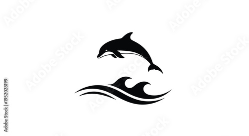 A sleek black silhouette of a dolphin is depicted mid-leap, arching gracefully above three stylized waves on a pristine white background.