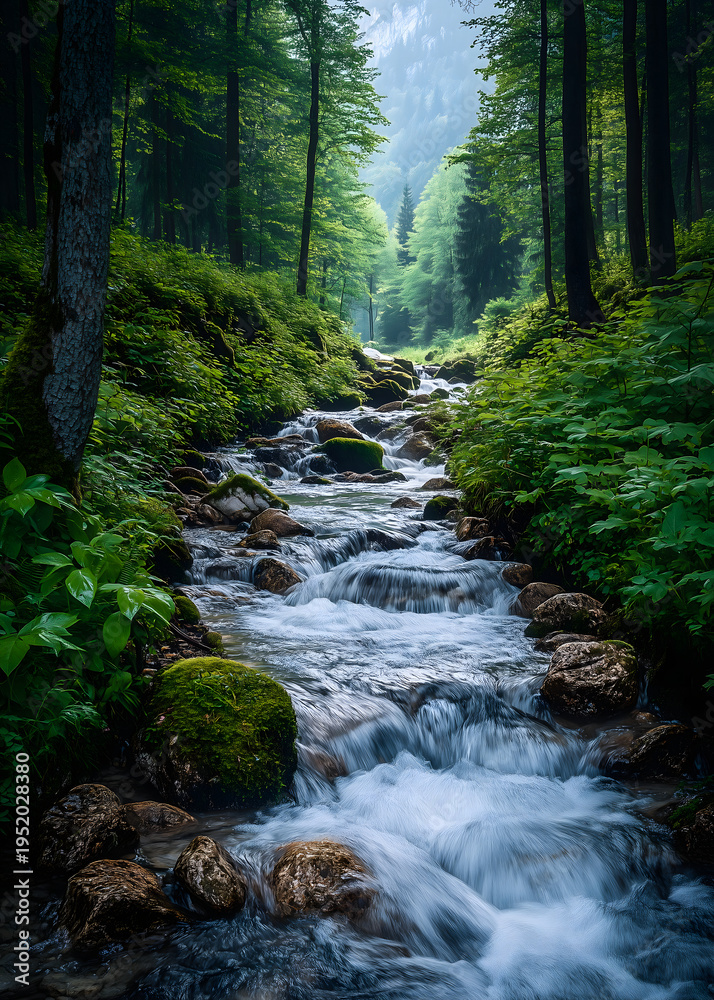 Obraz premium serene forest landscape with a gentle stream flowing through rocks and lush greenery under a canopy