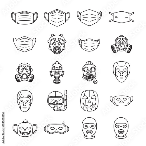 Collection of Face Masks Gas Masks Ski Masks and Halloween Masks Icons Line Art