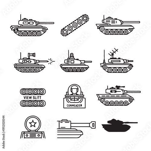 Collection of Military Tank Icons and Components Line Art and Silhouette