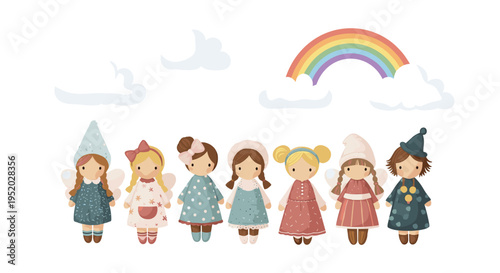 Seven diverse fairy dolls stand in a row with clouds and a vibrant rainbow on a white background.