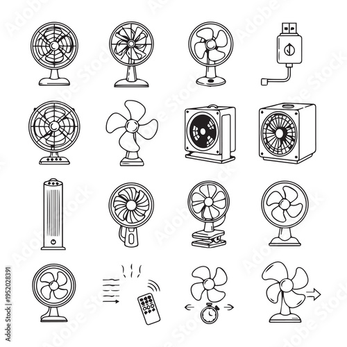 Collection of Fans and Air Circulation Devices in Line Art Style