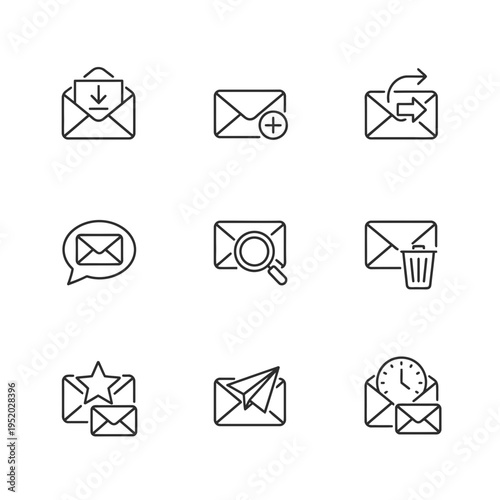 A meticulously curated collection of communication and messaging icons, featuring a variety of envelopes, mail symbols, and notification alerts for digital interfaces