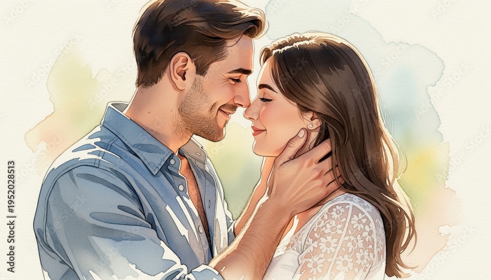 Naklejka premium Cherished Embrace: A loving couple shares a tender moment, their faces close as they express their deep affection and bond. A watercolor style evokes intimacy.