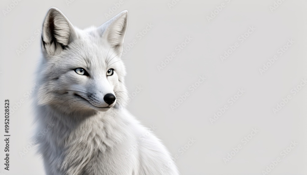 Obraz premium Arctic Fox’s Gaze: A stunning arctic fox with pristine white fur and captivating blue eyes exudes an air of calm confidence. Against a soft backdrop, the fox sits with regal poise.