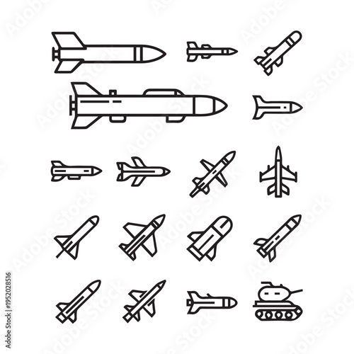 Collection of Missile and Aircraft Line Icons for Military and Aviation Concepts