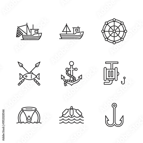 Collection of Nautical and Fishing Icons for Marine Themes.