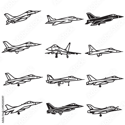 Collection of Fighter Jet Silhouettes in Various Poses and Angles Vector Graphics Military Aircraft