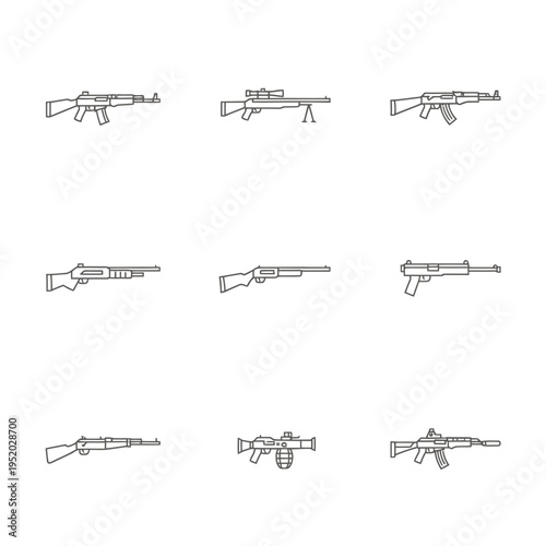 Collection of nine different rifle and gun illustrations.