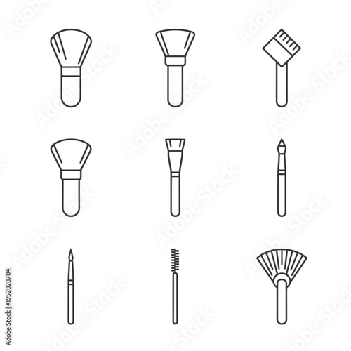 Collection of nine different makeup brush icons in a simple line art style.