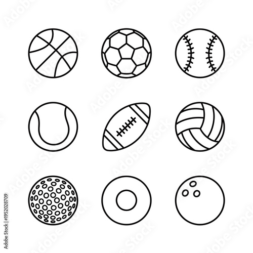 Collection of Nine Different Sports Balls Icons.