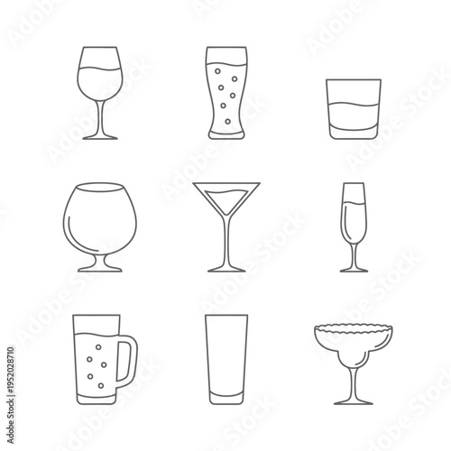 Collection of nine different types of drink glasses and cups.