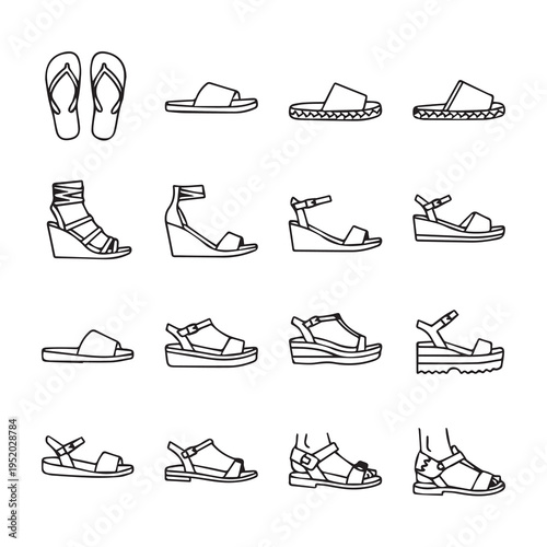Collection of Footwear Styles: Flip Flops Slides Wedges Platform Sandals Icon Set